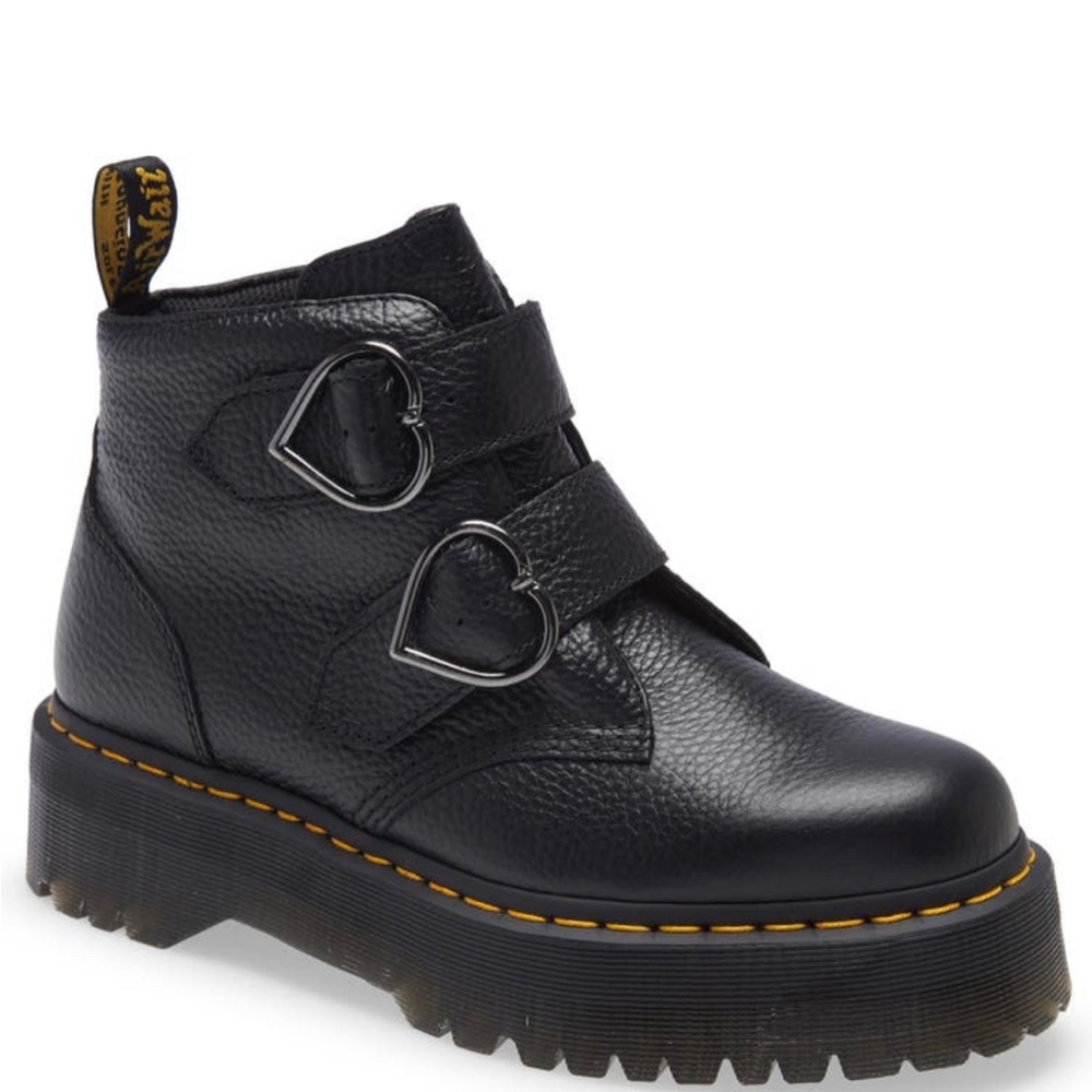 Dr. Martens Black Leather Heart Buckle Platform Booties